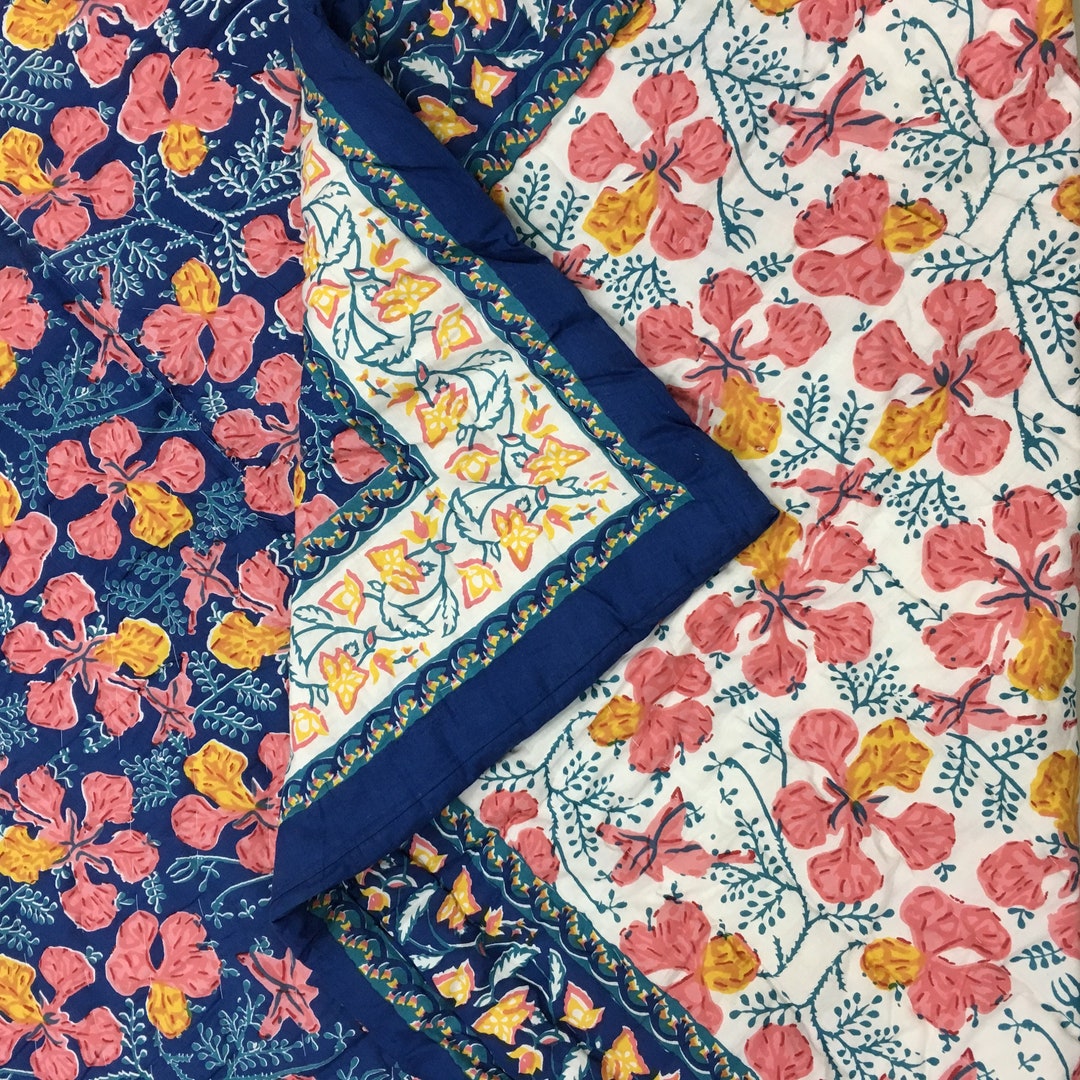 Navy Anokhi Quilt Queen Size, Indian Block Print Quilt Jaipur Rajai