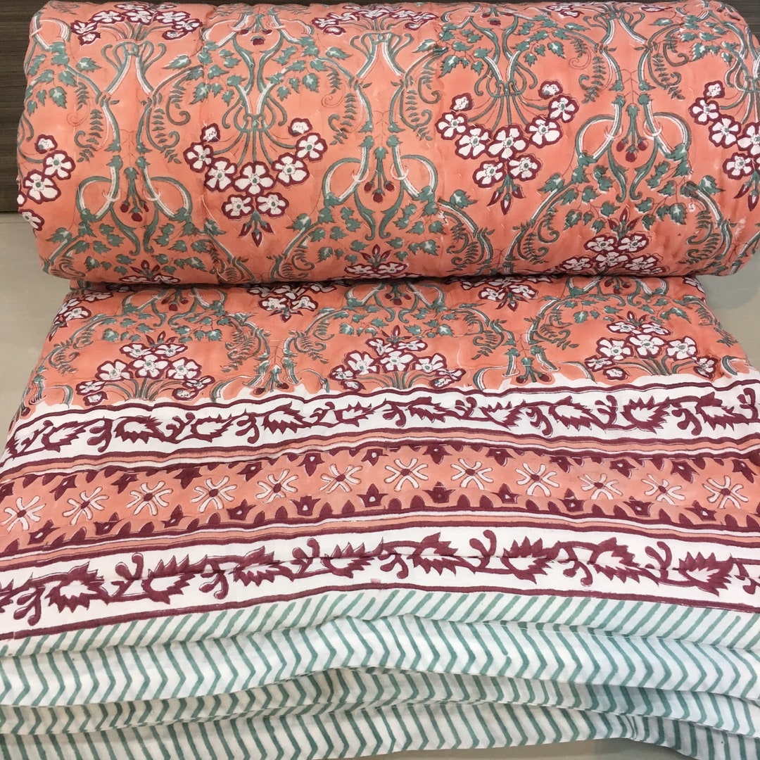 Block Print Quilt Queen Size Jaipur Rajai Peach Reversible Indian Kantha  Padded Cotton Quilt Hand Quilted Throw Weighted Blanket Bedspread -   Canada
