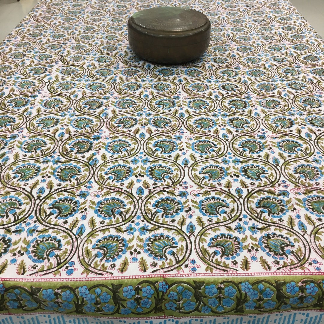Dining Table Cloth 6 Seater Indian Hand Block Print, Floral Fabric