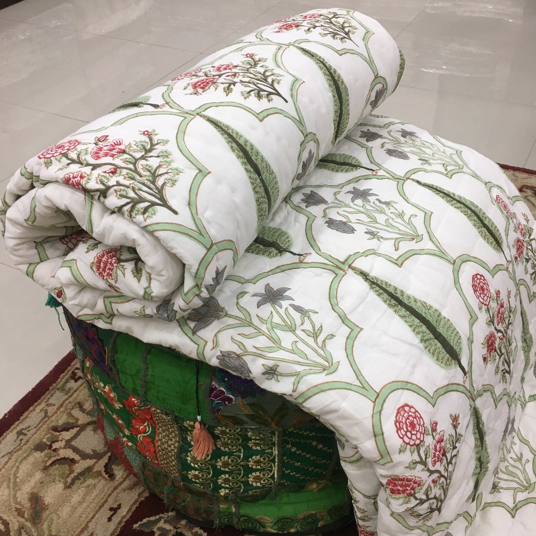 White Jaipur Quilt Rajai Block Print Quilt Twin Size Hand Quilted Boho