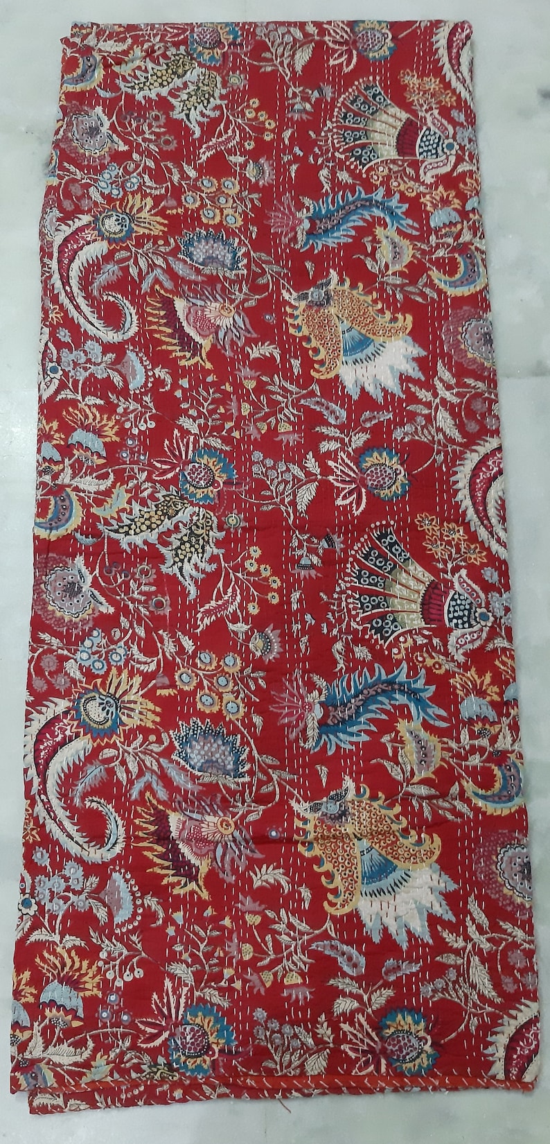 Handmade Queen Crown Mukut QuiltIndian Kantha BedcoverInsomnia BlanketCotton bed throwOrganic beddingCoverlet QueenFloral bedspread