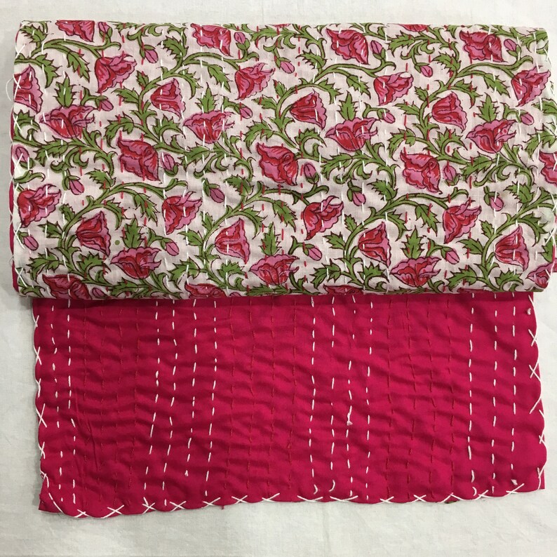 Pink Table Runner, Indian Kantha Floral Print Cotton Quilted Table
