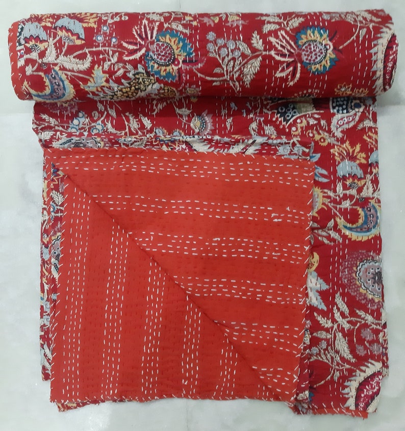 Handmade Queen Crown Mukut QuiltIndian Kantha BedcoverInsomnia BlanketCotton bed throwOrganic beddingCoverlet QueenFloral bedspread