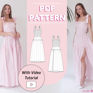Vestido largo fruncido con abertura para mujer / Vestido fruncido Camille con lazos en los hombros / Tallas 0-20 (EE. UU.) / Patrón de costura en PDF / Estampado en tamaño A0, A4 y carta de EE. UU.