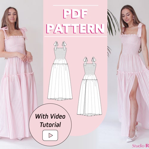 Schnittmuster Maxikleid gerafft: Gesmoktes Oberteil, Schlitzrock (PDF Pattern) (US 0-20)