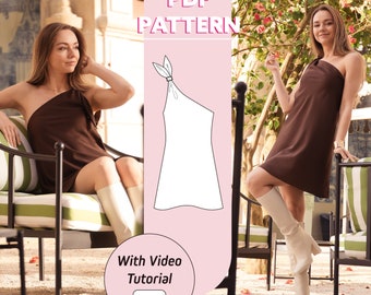 Womens bias one shoulder dress | Wilma mini dress | US 0-20 | PDF sewing pattern | A0, A4, US letter print