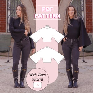 Suéter feminino com manga sino | Top de malha com manga flare Vanessa | XXS - 2XL | Padrão de costura em PDF | A0, A4, impressão de carta dos EUA