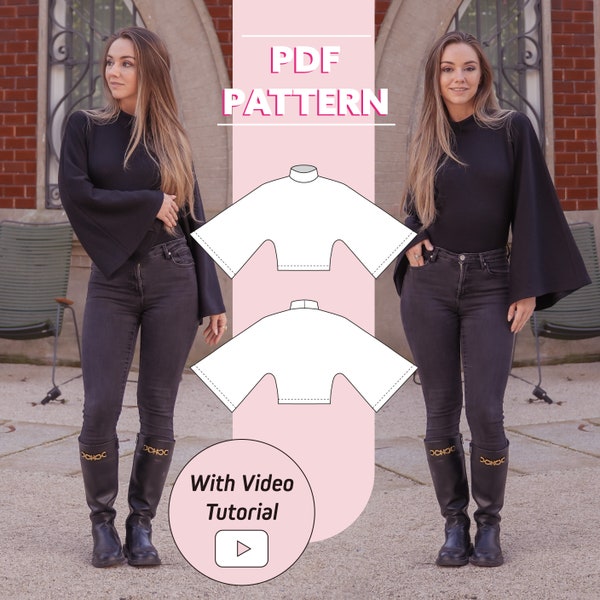 Womens Bell Sleeve Sweater | Vanessa Flare Sleeve Jersey Top | XXS - 2XL | PDF sewing pattern | A0, A4, US letter print