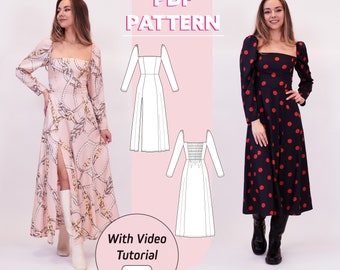 Women Midi & Maxi Dress with a slit | Isabella Long Sleeve Dress Pattern | 2XS - 2XL | PDF sewing pattern | A0, A4, US letter print