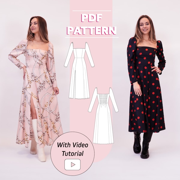 Women Midi & Maxi Dress with a slit | Isabella Long Sleeve Dress Pattern | 2XS - 2XL | PDF sewing pattern | A0, A4, US letter print