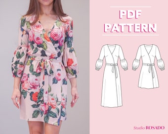 Womens midi or mini wrap dress with puff sleeves & belt | Hera wrap dress | US 2-12 | PDF sewing pattern | A0, A4, US letter print