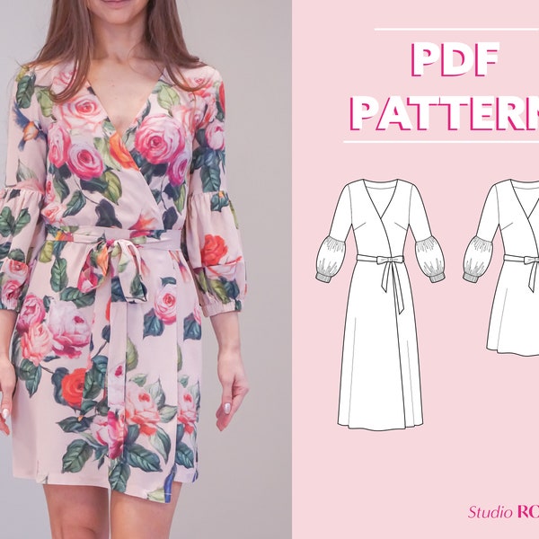 Robe portefeuille midi ou mini pour femme avec manches bouffantes et ceinture | Robe portefeuille Hera | États-Unis 2-12 | Patron de couture PDF | A0, A4, impression lettre US