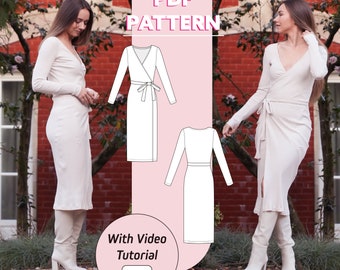 Womens Jersey Wrap Dress | Sandy Midi Dress | XXS - 2XL | PDF sewing pattern with video tutorial