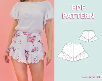 Womens high-waist pajamas shorts, elastic waist, with a ruffle | Amara Frill shorts | EU 34-44 | PDF sewing pattern | A0, A4, US letter