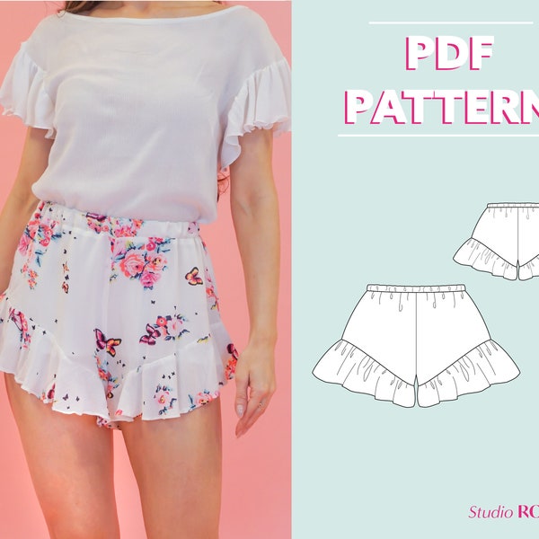 Womens high-waist pajamas shorts, elastic waist, with a ruffle | Amara Frill shorts | EU 34-44 | PDF sewing pattern | A0, A4, US letter