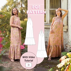 Vestido largo con cuello halter para mujer / Vestido de fiesta Indy Resort / XXS - 2XL / Patrón de costura en PDF / Estampado en tamaño A0, A4, EE. UU.