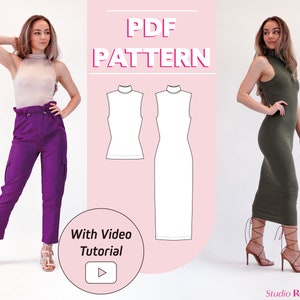 Vestido e top feminino sem mangas com gola alta | Padrão de costura em jersey Margot com gola alta | EUA 0-20 | Padrão de costura em PDF | A0, A4, impressão em letras dos EUA