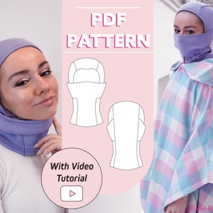 Peut inclure: Un passe-montagne violet clair avec un protège-cou, présenté sur une personne. L'image comprend également un schéma du passe-montagne et le texte "PDF PATTERN" et "With Video Tutorial". La personne porte un poncho à carreaux.