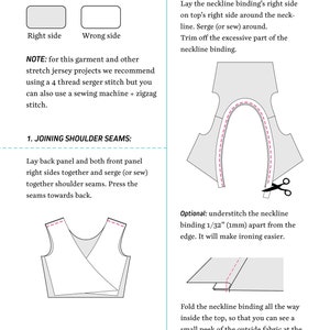 May include: Sewing instructions for a garment with a neckline binding. The instructions include joining shoulder seams, serging, and understitching the neckline binding. The image shows a diagram of the garment and the neckline binding.