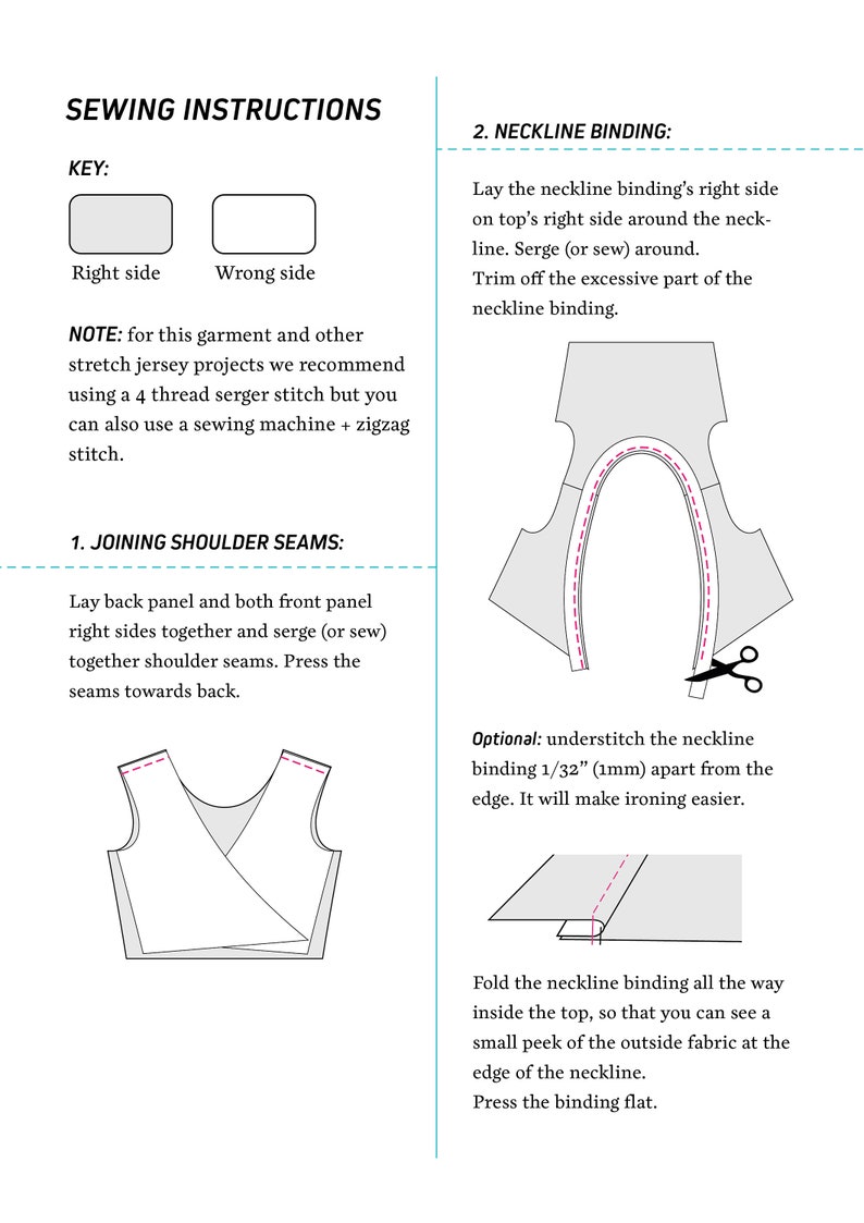 May include: Sewing instructions for a garment with a neckline binding. The instructions include joining shoulder seams, serging, and understitching the neckline binding. The image shows a diagram of the garment and the neckline binding.