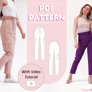 Womens Cargo Pants | Elastic Waist Paperbag Keitha Trousers |  PDF sewing pattern | 2XS-2XL | A4, US letter, A0 Printshop
