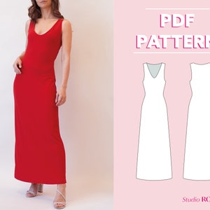Vestido feminino maxi regata stretch | Vestido maxi Lelia | EUA 2-12 | Padrão de costura em PDF | A0, A4, impressão em letras dos EUA