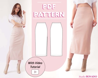 Womens slit midi stretch skirt | Pia jersey skirt | PDF sewing pattern | Instant Download | US 2-12 | A0, A4, U.S letter, Printshop