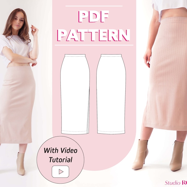 Womens slit midi stretch skirt | Pia jersey skirt | PDF sewing pattern | Instant Download | US 2-12 | A0, A4, U.S letter, Printshop