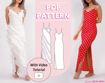 Womens Ruffle & Slip Maxi Dress | Reyna Wedding Guest Dress | US 0-20 | PDF sewing pattern | A0, A4, US letter print