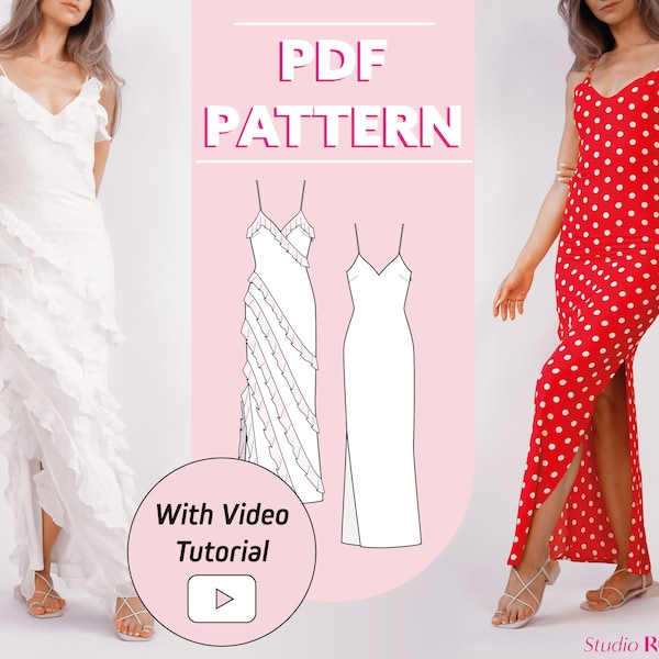 Womens Ruffle & Slip Maxi Dress | Reyna Wedding Guest Dress | US 0-20 | PDF sewing pattern | A0, A4, US letter print