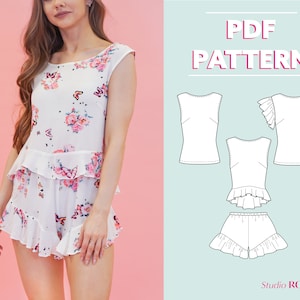 Conjunto de Loungewear | Shorts feminino, regata, manga com babados e top peplum | Conjunto de pijama Amara | UE 34-44 | Padrão de costura em PDF | A0, A4, carta dos EUA