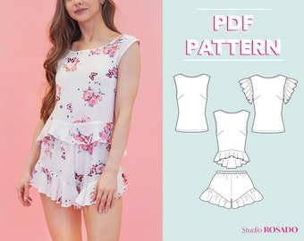 Ruffle Loungewear Set Sewing Pattern: Women's Peplum Top & Shorts (PDF Pattern) US 2-12