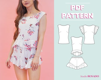 Loungewear Set | Womens shorts, tank top, ruffle sleeve & peplum top | Amara Pajama Set | EU 34-44 | PDF sewing pattern | A0, A4, US letter