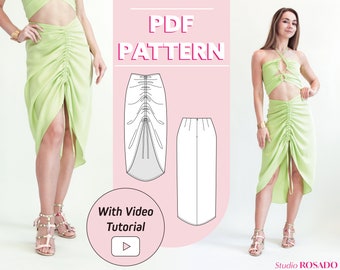 Women ruched midi skirt | Sylvie drawstring skirt | US 0 - 20 | PDF sewing pattern & tutorial | A0, A4, US letter