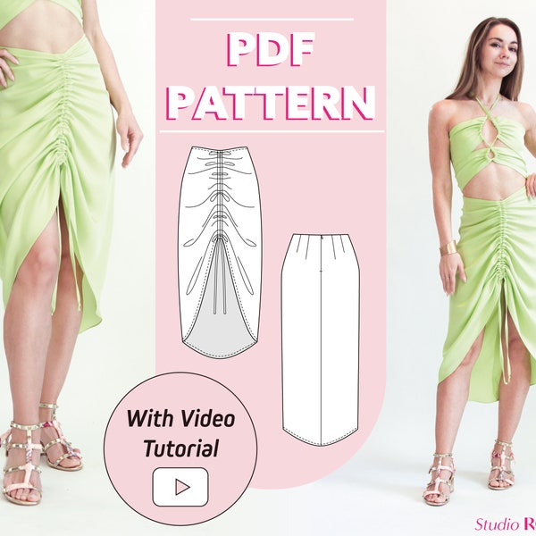 Women ruched midi skirt | Sylvie drawstring skirt | US 0 - 20 | PDF sewing pattern & tutorial | A0, A4, US letter