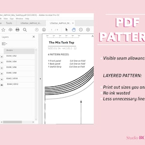 May include: A digital PDF pattern for a tank top called "The Mia Tank Top" with sizes EU 34-44, US 2-12. The pattern includes 4 pieces: a front panel, a back panel, and a useful strip. The pattern is layered, so you can print out only the sizes you need, saving ink and reducing unnecessary lines. The pattern includes visible seam allowances.