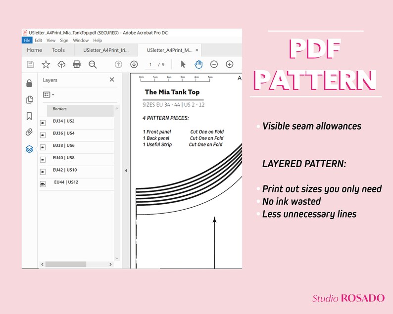 May include: A digital PDF pattern for a tank top called "The Mia Tank Top" with sizes EU 34-44, US 2-12. The pattern includes 4 pieces: a front panel, a back panel, and a useful strip. The pattern is layered, so you can print out only the sizes you need, saving ink and reducing unnecessary lines. The pattern includes visible seam allowances.