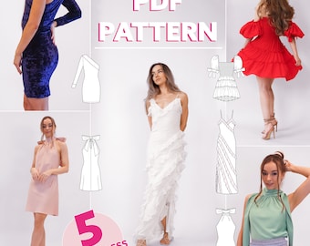 Kleid Schnittmuster Bundle: Party, Rüschen, Slip, Bias, Shirred (PDF-Muster) (US 0-20)