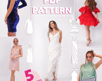 5 Party Dress Sewing Pattern Bundle | Jersey Dress, Ruffle & Slip Dress, Bias Dress, Shirred Dress | PDF sewing pattern | A0, A4, US letter