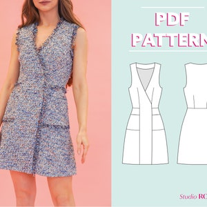 Womens vest & dress | Lydia wrap mini dress lined vest with pockets | US 2-12 | PDF sewing pattern | A0, A4, US letter print
