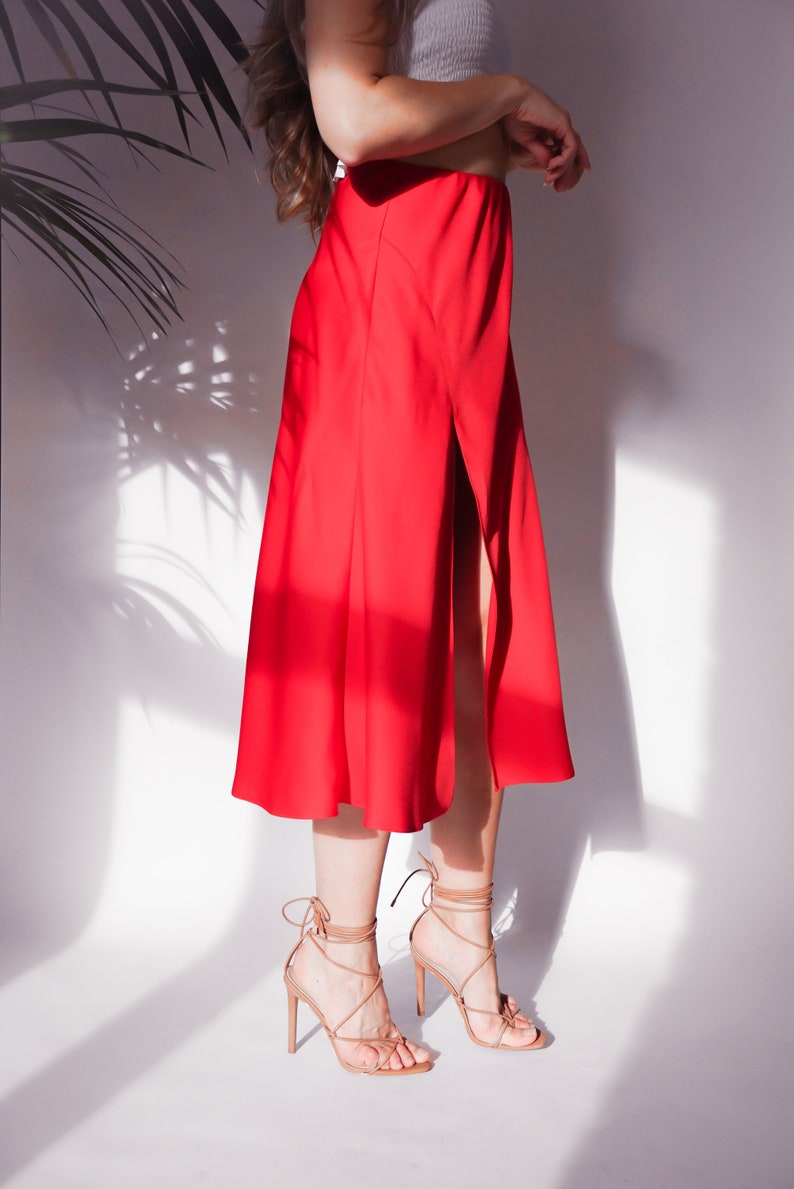 Womens Bias Cut Midi Skirt With a Slit Mila Silk Satin Skirt Etsy