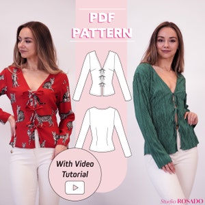 Top feminino com gravata frontal | Blusa Kat manga longa com amarração | Padrão de costura em PDF | Download instantâneo | 2XS - 2XL | A0, A4, carta dos EUA, gráfica