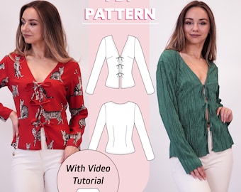 Womens Tie Front Top | Kat long sleeve blouse with ties | PDF sewing pattern | Instant Download | 2XS - 2XL | A0, A4, US letter, Printshop