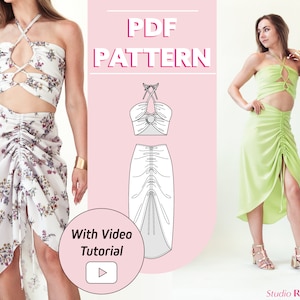 Paquete de verano / Top fruncido con cordones para mujer / Falda midi fruncida con cordón / Tallas 2XS a 2XL / Patrón de costura en PDF / Tamaño A0, A4, carta de EE. UU.