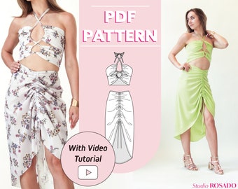 Summer Bundle | Womens ruched lace up top | Drawstring ruched midi skirt | 2XS - 2XL | PDF sewing pattern | A0, A4, US letter