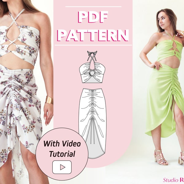 Summer Bundle | Womens ruched lace up top | Drawstring ruched midi skirt | 2XS - 2XL | PDF sewing pattern | A0, A4, US letter