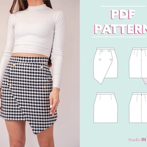 Womens mini skirt with lining & buttons | Soraya asymmetric wrap skirt | US 2 -12 | PDF sewing pattern, Sewing tutorial | A0, A4, US letter
