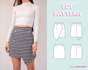 Womens mini skirt with lining & buttons | Soraya asymmetric wrap skirt | US 2 -12 | PDF sewing pattern, Sewing tutorial | A0, A4, US letter