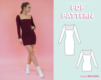 Womens squareneck bodycon dress & mini dress | Aylin squareneck stretch dress | US 2-12 | PDF sewing pattern | A0, A4, US letter print