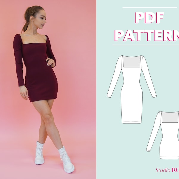 Womens squareneck bodycon dress & mini dress | Aylin squareneck stretch dress | US 2-12 | PDF sewing pattern | A0, A4, US letter print